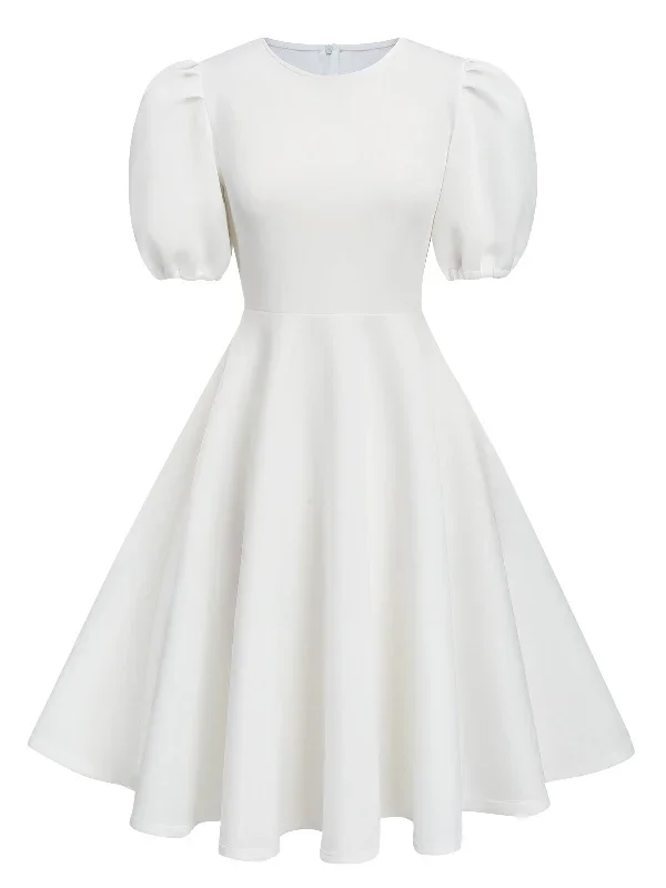 1950s Round Neck Puff Sleeve A-Line Dress