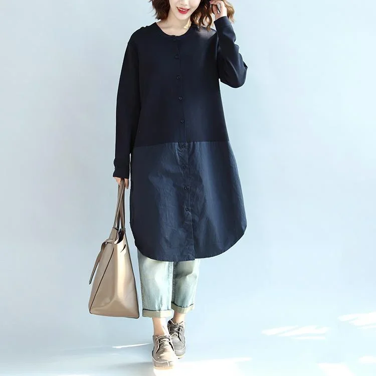 2017 autumn navy casual knit dresses oversize patchwork cotton shirts dress