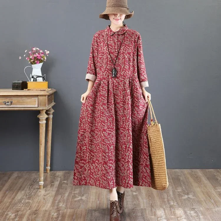 2018 red long cotton dress Loose fitting lapel collar traveling clothing long sleeve autumn dress