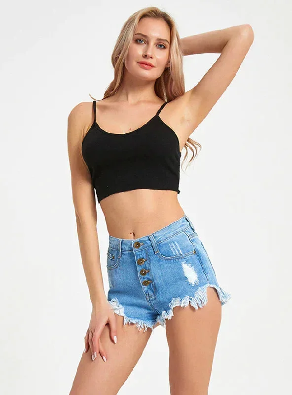 HIGH-BREASTED PIERCED TASSEL DENIM SHORTS