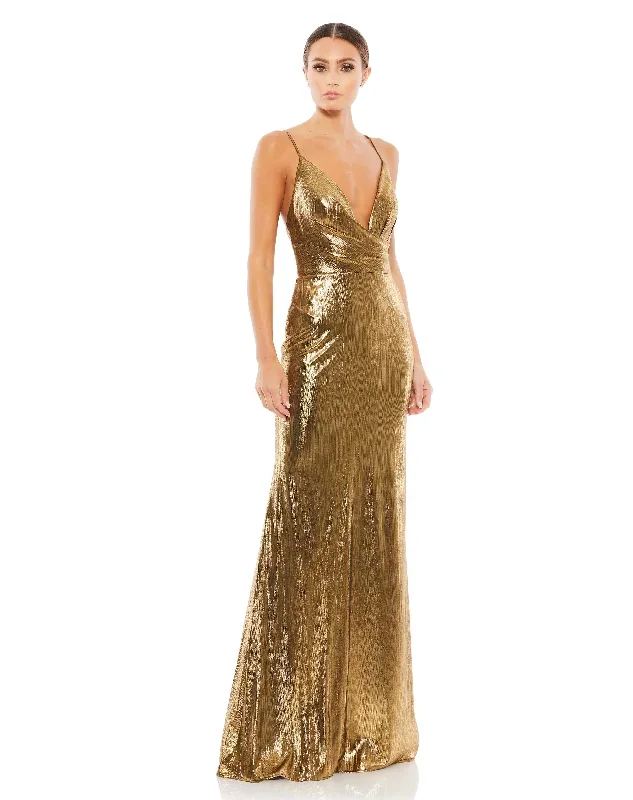 Metallic Faux Wrap Spaghetti Strap Gown