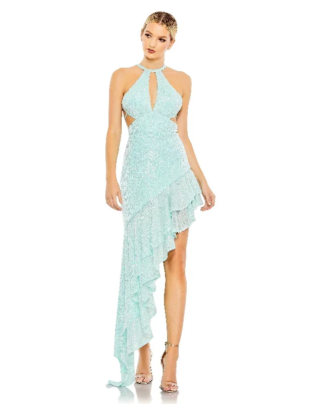 Sequined Halter Cut Out Ruffle Asymmetrical Dress - FINAL SALE