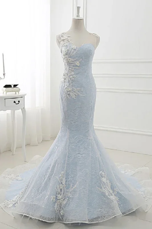 Baby Blue Sweep Train Lace Mermaid Evening Dresses, Formal Dress With Applique