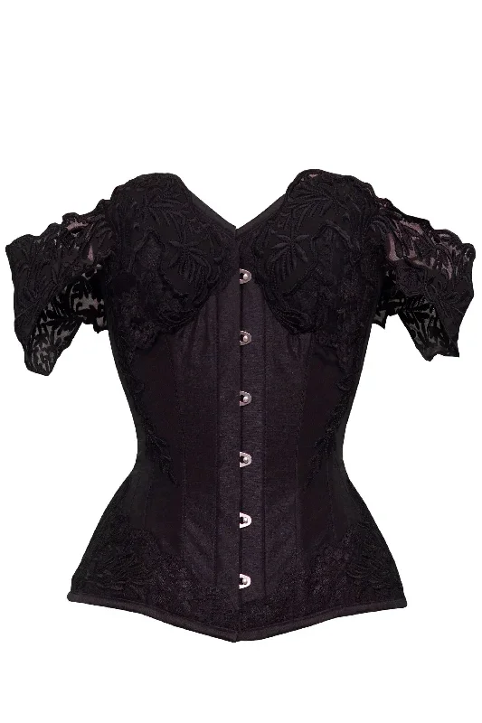 Black Longline Corset Top with Lace Cap Sleeve