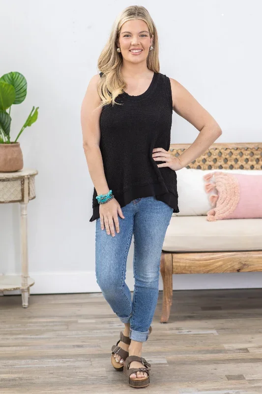 black-scoop-neck-waffle-flowy-knit-top