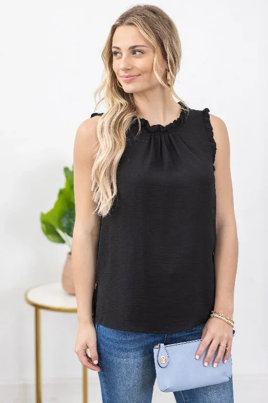 Black Solid Mock Neck With Ruffle Woven Top