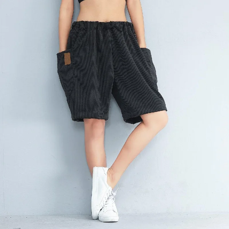 black striped casual cotton pants plus size  elastic waist shorts
