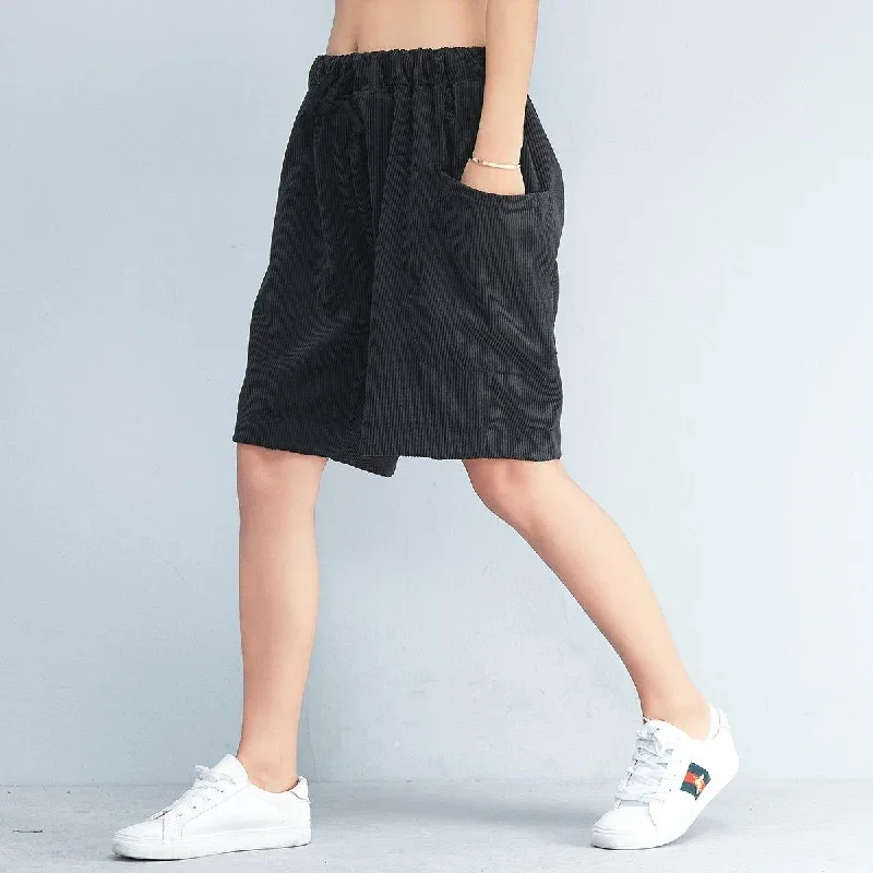 black-striped-casual-cotton-pants-plus-size-elastic-waist-shorts