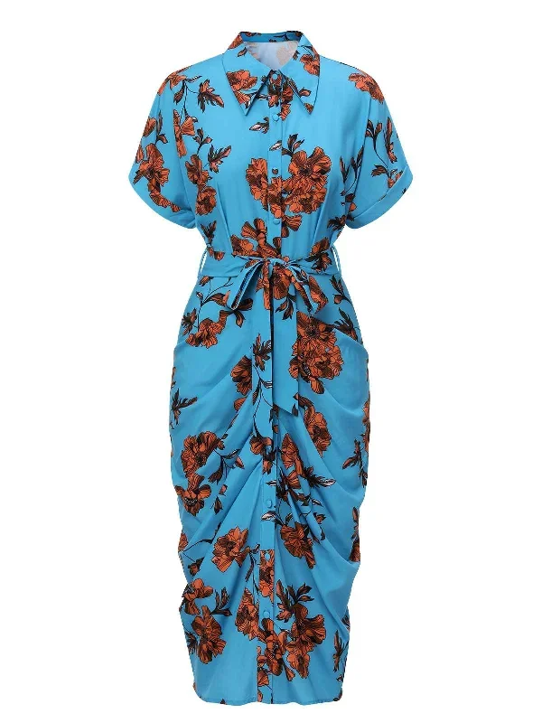 Blue 1940s Shirt Neck Floral Belted Dress