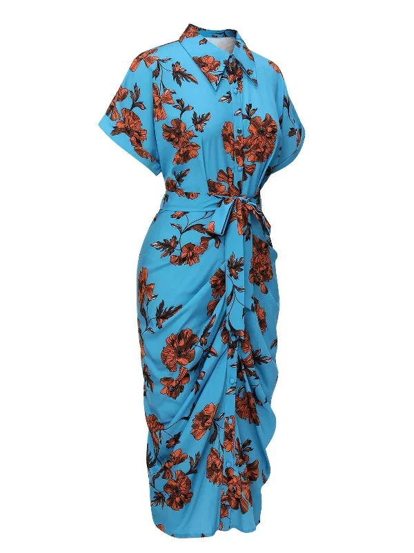 blue-1940s-shirt-neck-floral-belted-dress