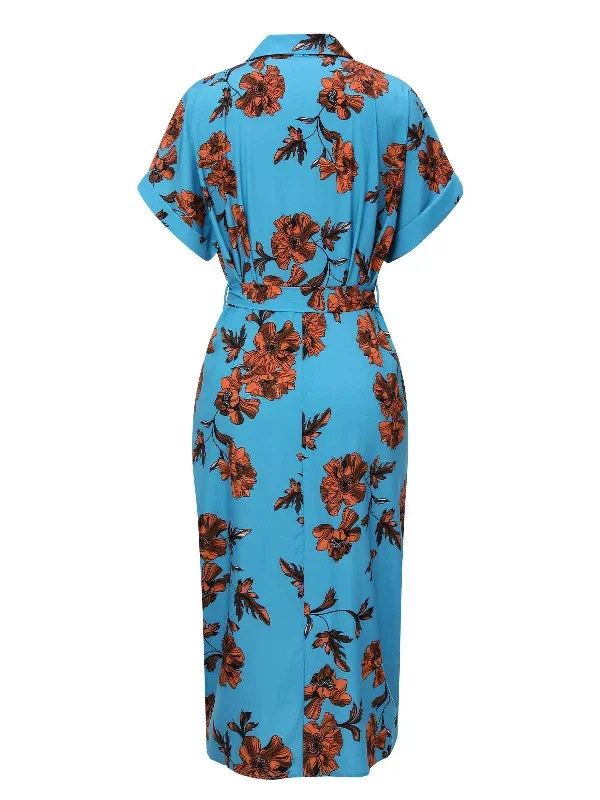 blue-1940s-shirt-neck-floral-belted-dress