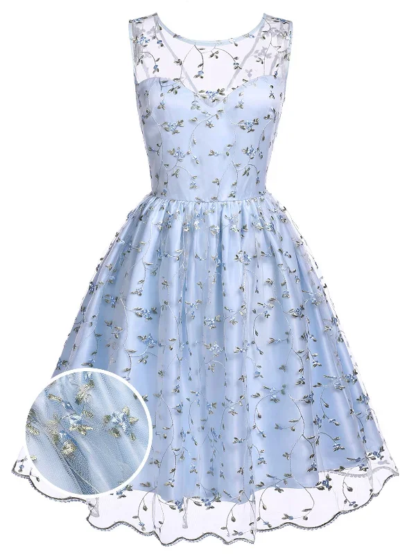 Blue 1950s Floral Embroidery Lace Dress