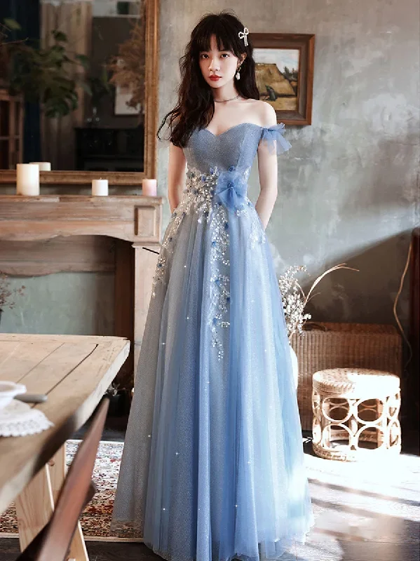 Blue Off Shoulder Tulle Long Prom Dress, Blue Tulle Formal Dress With Beading