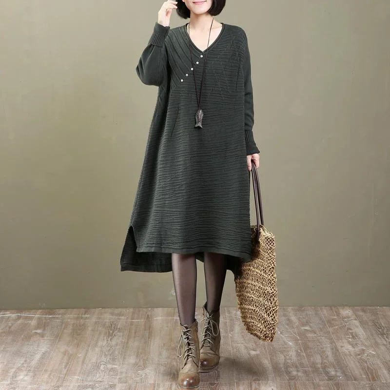 boutique green buttons dotted long sweaters plus size sweaters Fine asymmetrical sweater