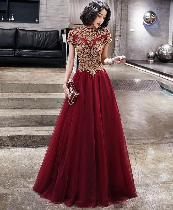 Burgundy Tulle Beads Long Prom Dress, Tulle Burgundy Evening Dress