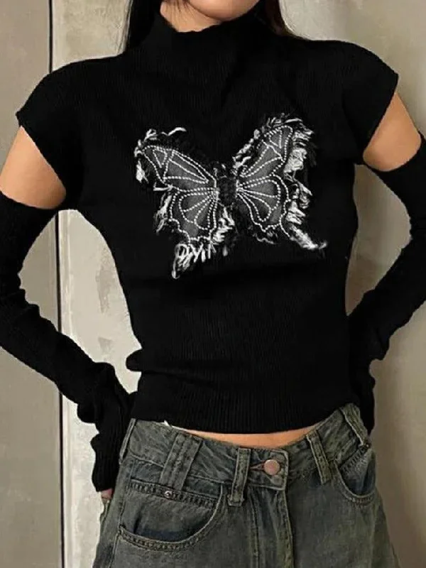 Butterfly Patch Mock Neck With Cuff Long Sleeve Knit