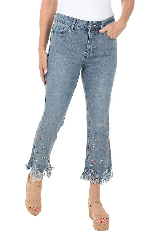 Floral Embroidered Shaggy Hem Denim Crop Pant