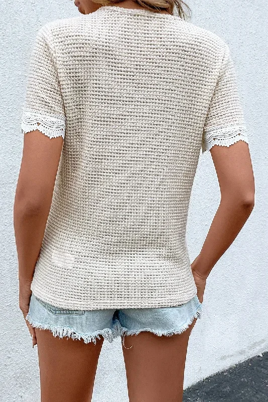 casual-work-solid-lace-contrast-v-neck-t-shirts