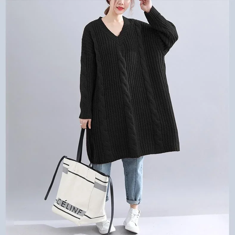 Chic Sweater Dress Outfit Quotes V Neck Thick Black Big Knit Dress