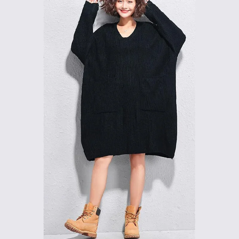 Christmas big pockets Sweater dresses DIY black v neck Art knitwear autumn