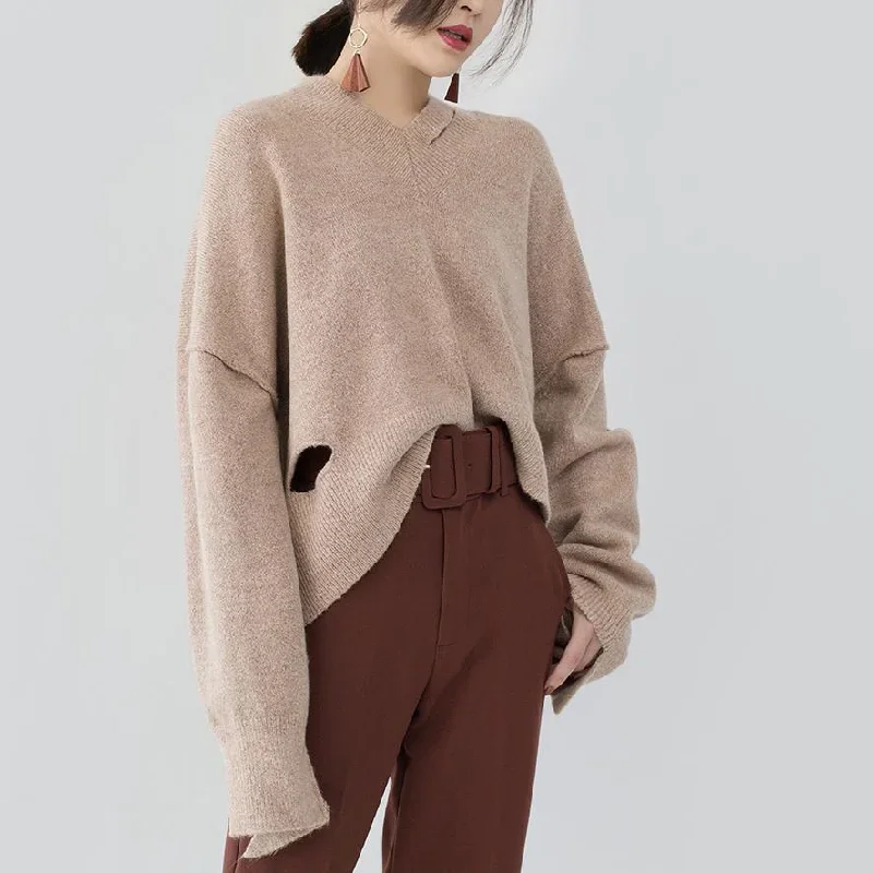 chunky khaki knit tops Loose fitting V neck pullover 2018 asymmetrical design winter shirt