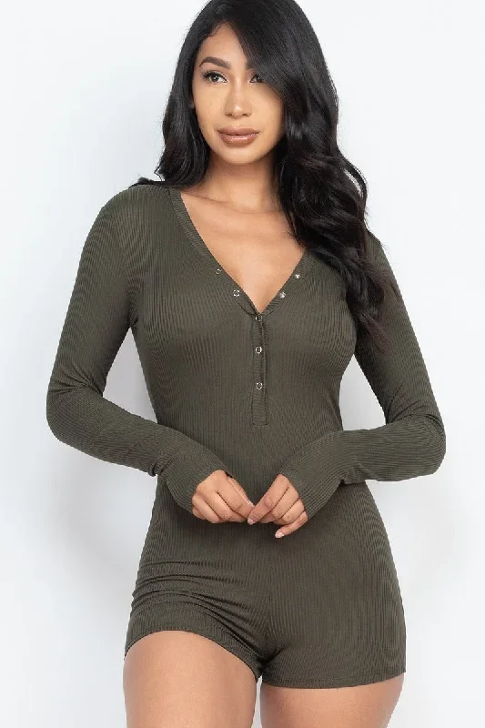 V Neck With Button Tap Bodycon Romper