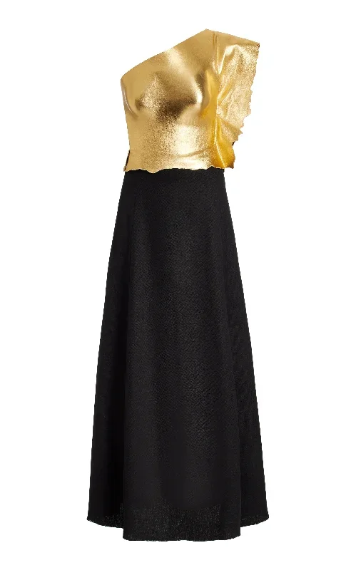 Cleis Dress in Black Silk Cady & Gold Metallic Nappa Leather