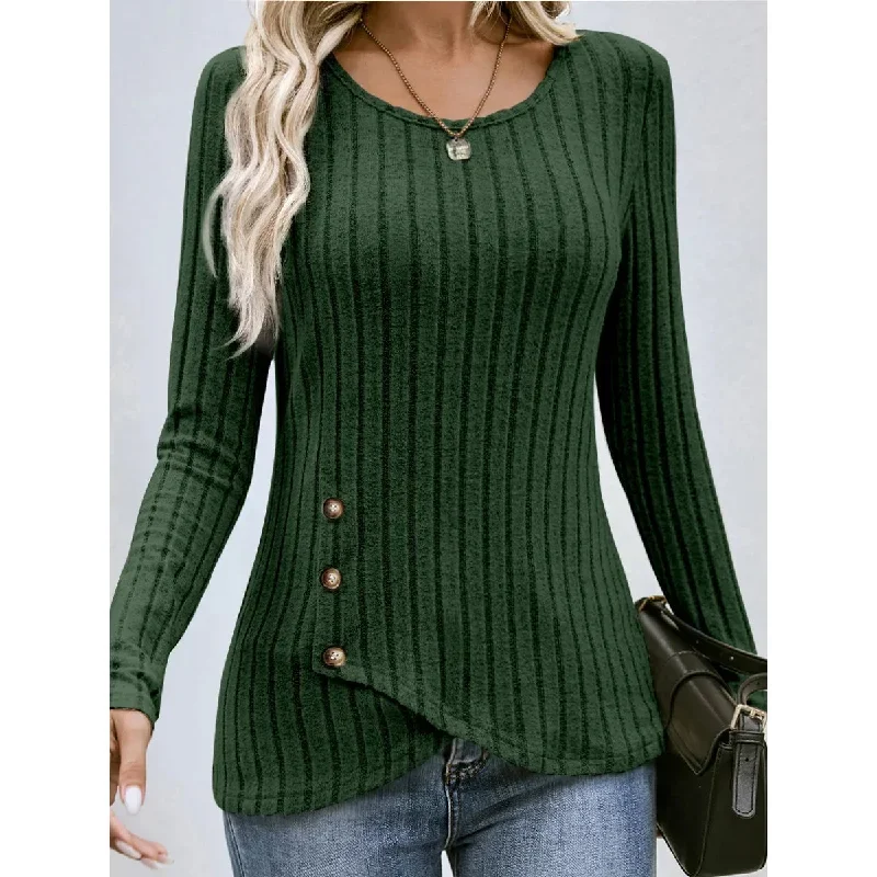 FashionSierra - Fashionable Casual Solid Color Waist Round Neck Comfortable Tight Long Sleeve Blouse