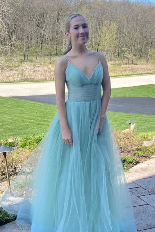 Dusty Sage Tulle Plunging V Straps Long Prom Dress