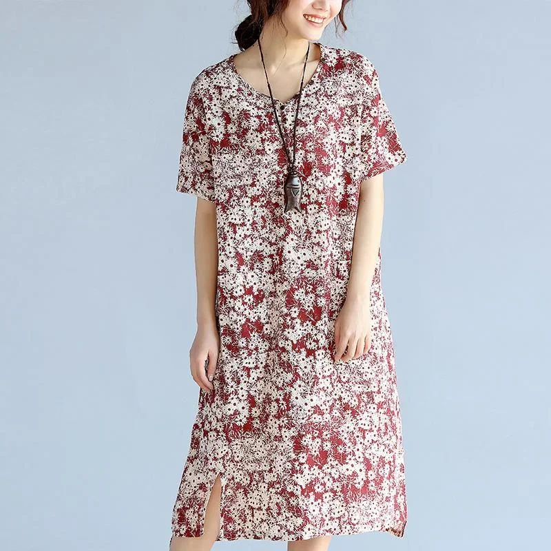 fashion red prints linen shift dresses trendy plus size traveling dress New side open v neck linen dresses