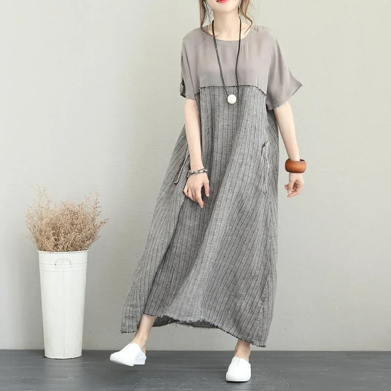 Fine Gray Silk Linen Maxi Dress Plus Size O-Neck Patchwork Traveling Dress 2022 Short Sleeve Pockets Maxi Dresses