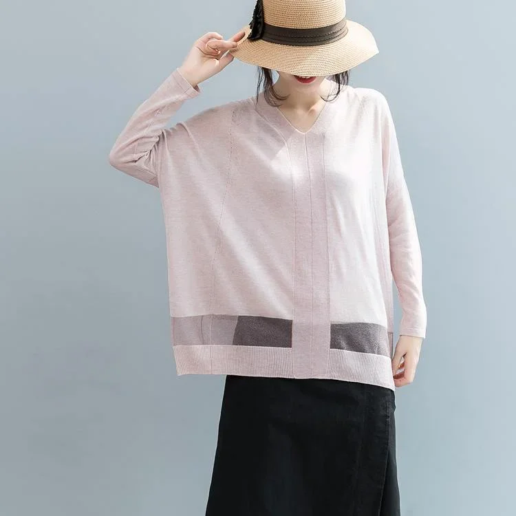 Fine pink  sweater oversize v neck knitted tops casual batwing sleeve t shirt