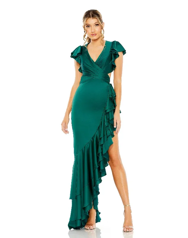 Flutter Sleeve Cut Out Asymmetrical Ruffled Gown