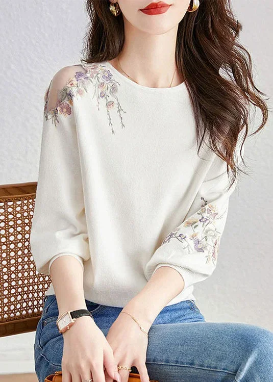 french-white-o-neck-embroideried-versatile-knit-top-fall