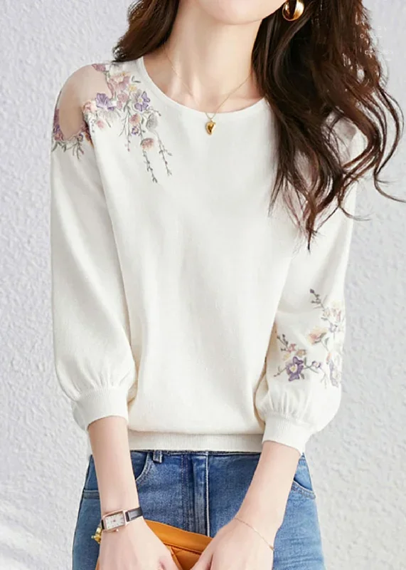 french-white-o-neck-embroideried-versatile-knit-top-fall