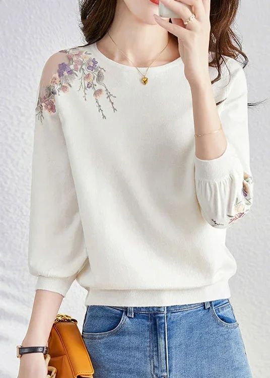 french-white-o-neck-embroideried-versatile-knit-top-fall