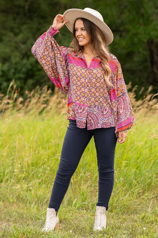 fuchsia-and-mustard-geometric-print-top