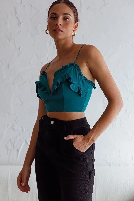 la-seine-v-neckline-frill-trim-crop-top-forest-green