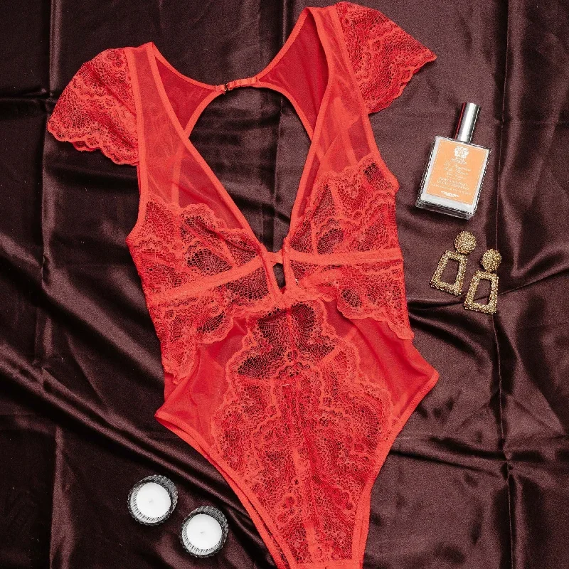 Lace & Mesh High Leg Crotchless Teddy - Poppy Red