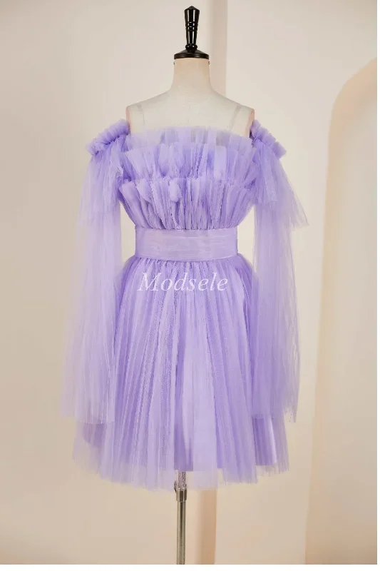 Lavender Strapless Ruffle A-Line Short Dress with Detachable Sleeves