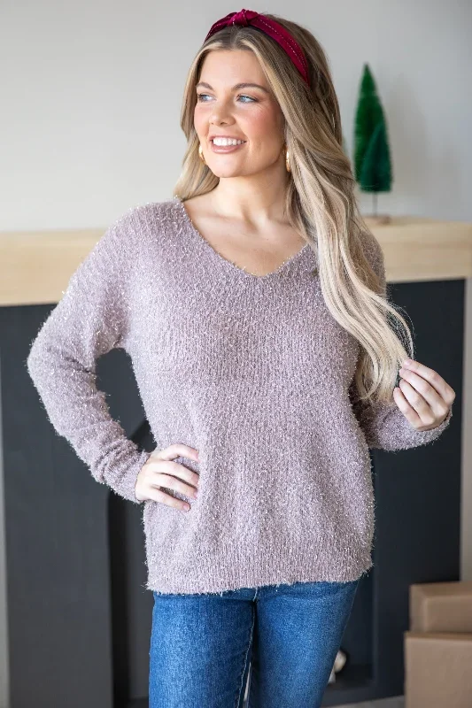 Light Mauve V-Neck Popcorn Textured Sweater