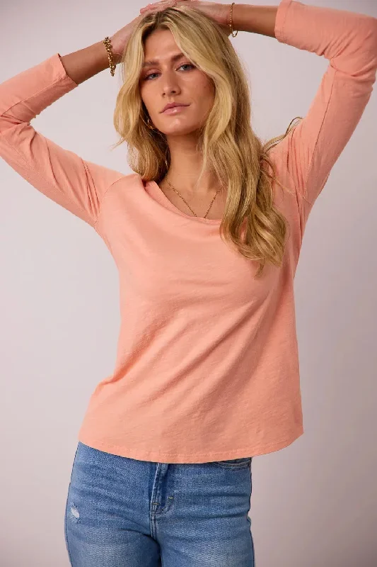 Long Sleeve V-Neck T-Shirt in Peach - FINAL SALE