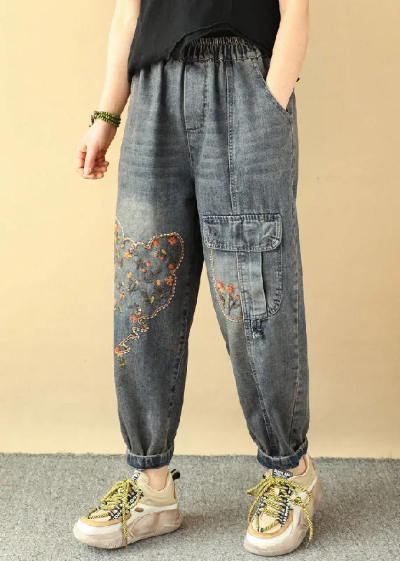 loose-blue-embroidered-pockets-elastic-waist-denim-pants-spring