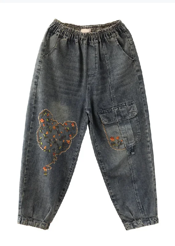 loose-blue-embroidered-pockets-elastic-waist-denim-pants-spring