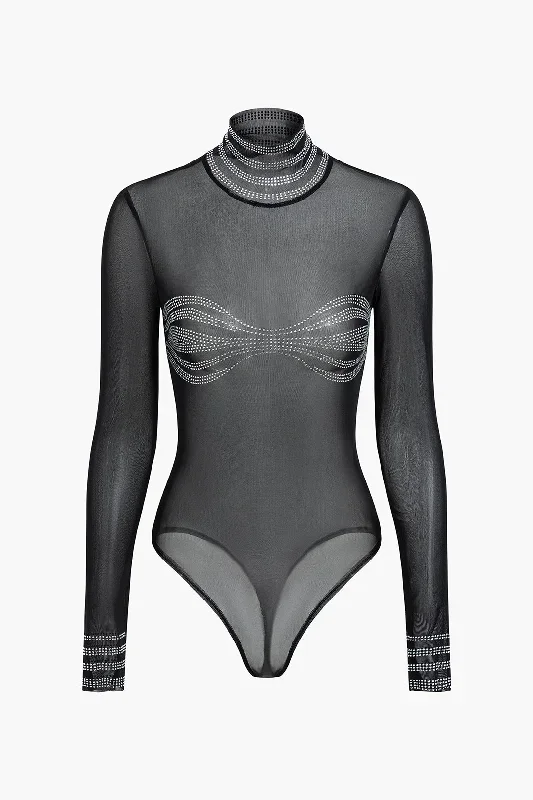 Turtleneck Rhinestone Embellished Sheer Mesh Long Sleeve Bodysuit