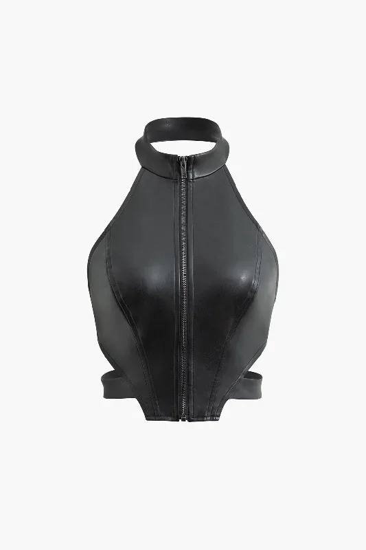 Faux Leather Zip Up Halter Top