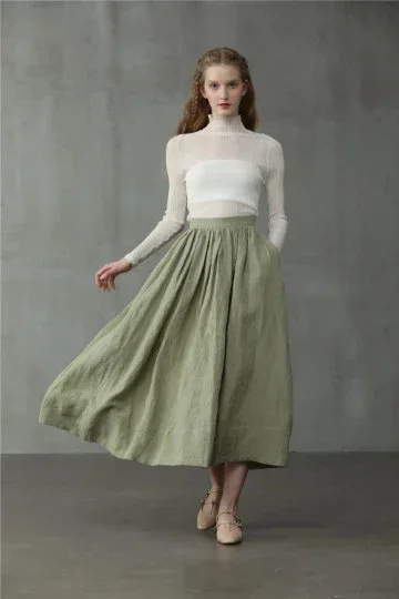 midi-linen-skirt-in-humus-a-line-skirt-pleated-flared-skirt-1950-skirt-linennaive