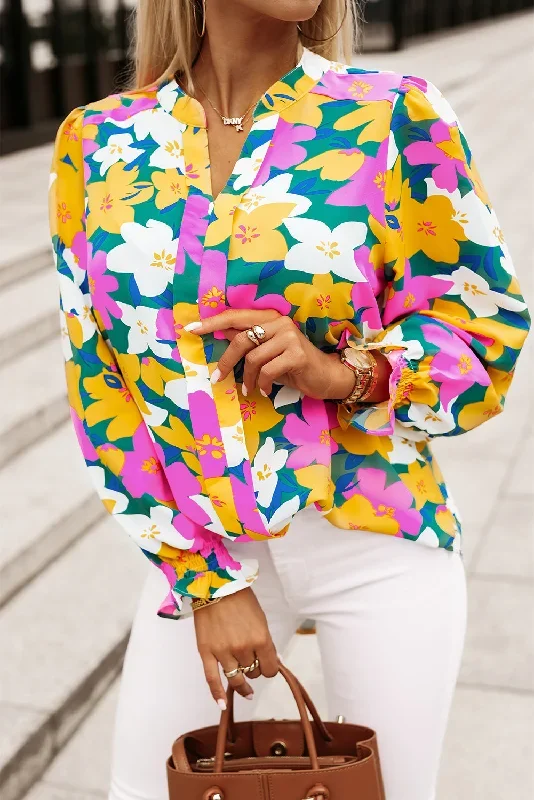 multicolor-magenta-gold-floral-v-neck-lantern-sleeve-blouse