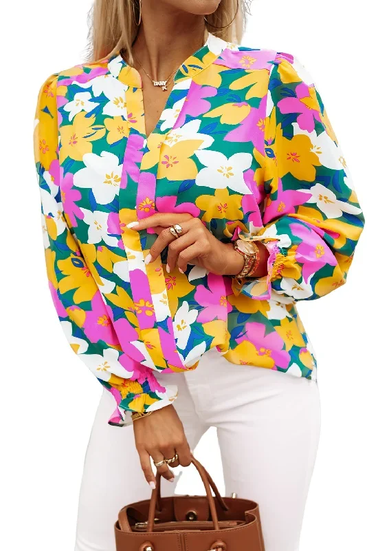 multicolor-magenta-gold-floral-v-neck-lantern-sleeve-blouse