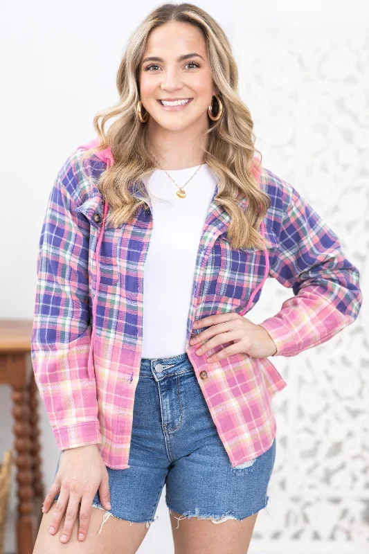 Navy and Pink Plaid Hooded Button Up Top